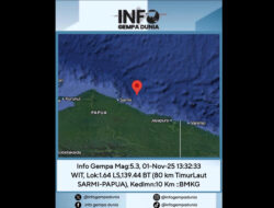 Info Gempa Mag:5.3, 01-Nov-25 13:32:33 WIT, Lok:1.64 LS,139.44 BT (80 km TimurLaut SARMI-PAPUA), Kedlmn:10 Km ::BMKG